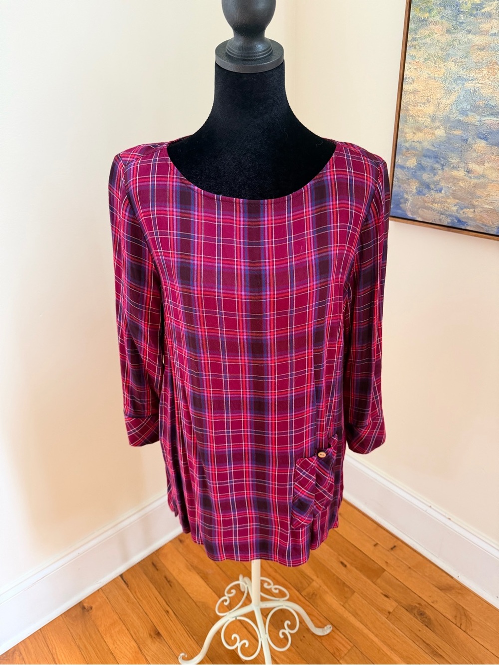 J. Jill Women’s Medium Plaid Tunic Blouse Plum Red Scoop Neck cottage core